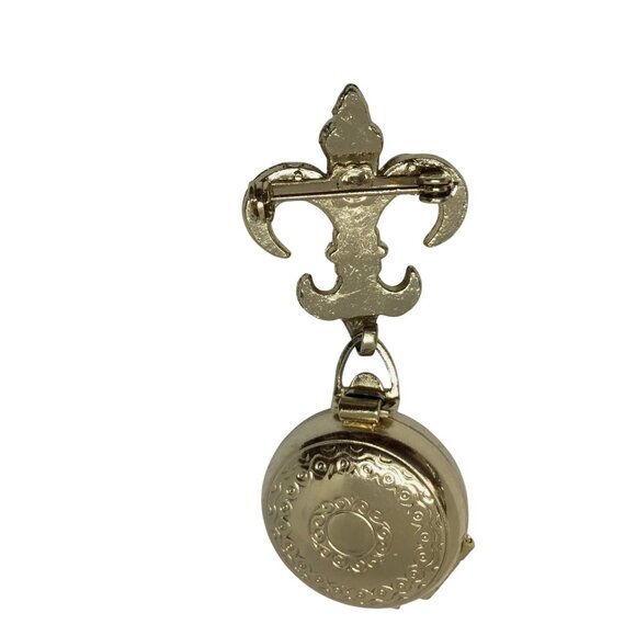 Vintage CORO Pat Pend Estate Triple Locket Brooch Fleur de Lis Rhinestone Pearl - Picture 3 of 14